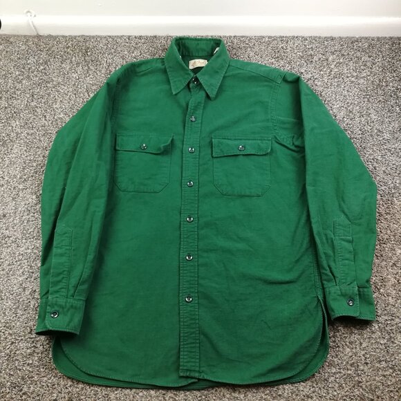 Vintage 70s LL Bean Shirt Chamois L/S Button Up Green Mens 15.5 Script Label - Picture 1 of 9